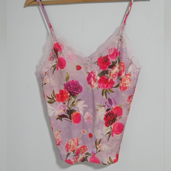 Victoria's Secret Tops - Victoria's Secret Floral Print Lace Spaghetti Strap Flowy Tank Top Purple Pink